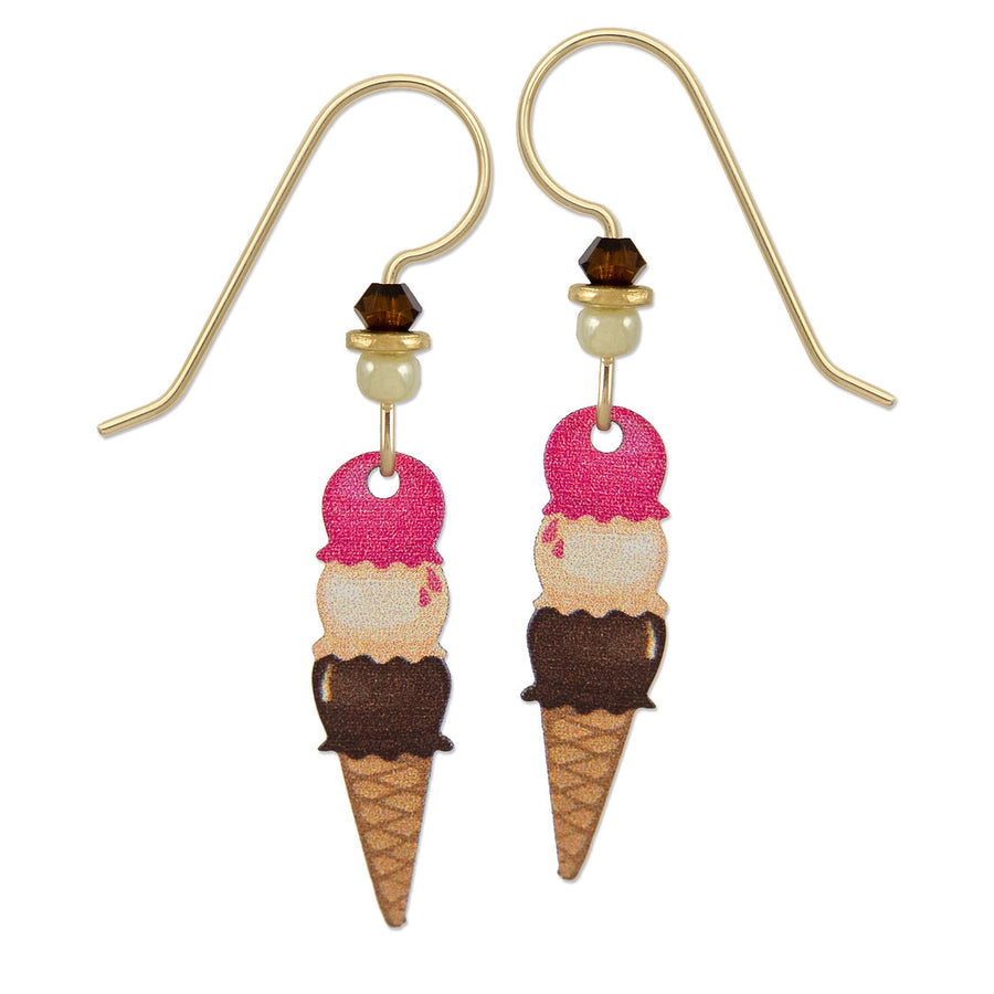 Strawberry, Vanilla, and Chocolate Ice Cream Cone Earrings, Sienna Sky