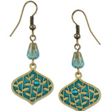 Deco Teardrop earrings in Brass with Leaves and Flower over Teal backer