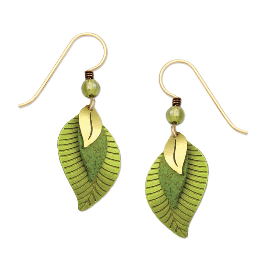 3 Part Green and Brass Leaves Earrings, Adajio