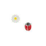 Mismatched ladybug and daisy earrings, sterling silver studs