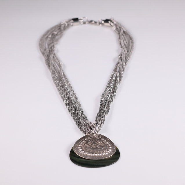 layered stamped silver metal and shell necklace, John Michael Richardson