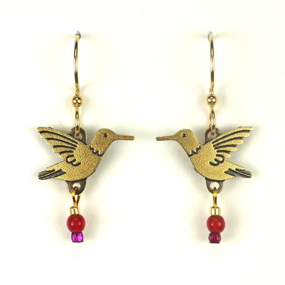 Hummingbird earrings with red bead drop