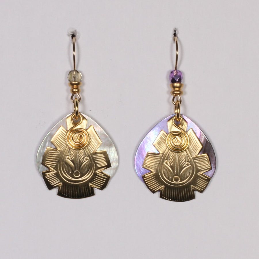 Layered leaf and spiral earrings, mother of pearl, John Michael Richardson