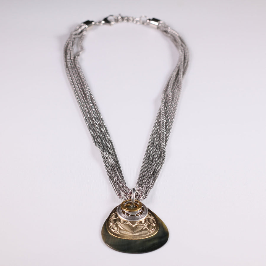 Metal and shell necklace, circles and teardrop, John Michael Richardson