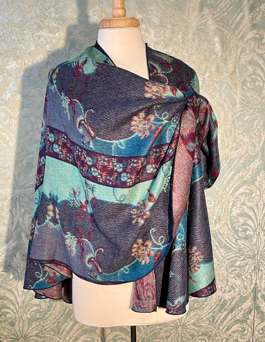 Cashmere buckle shawl, reversible, blue and purple multi color