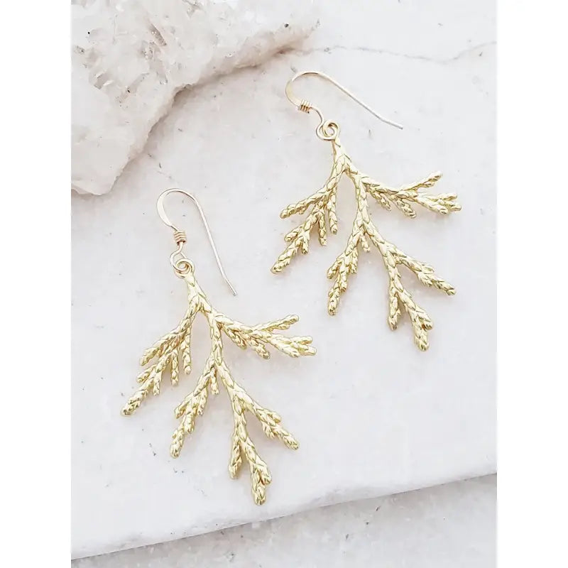 Gold spruce twig earrings