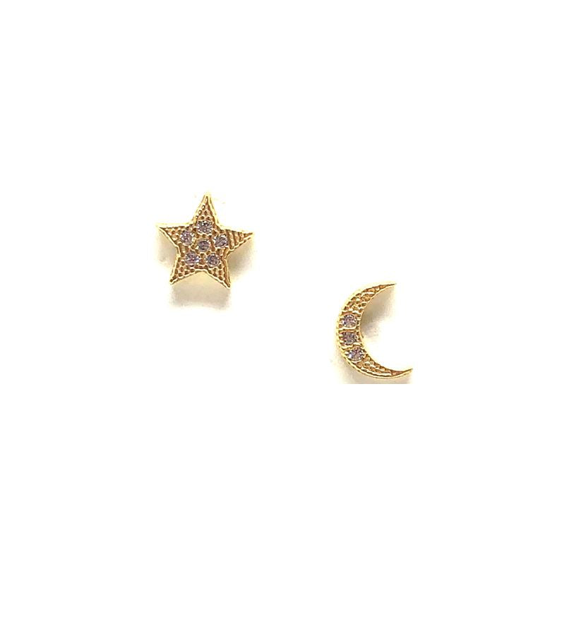 Moon and star post earrings with crystals, in silver or gold