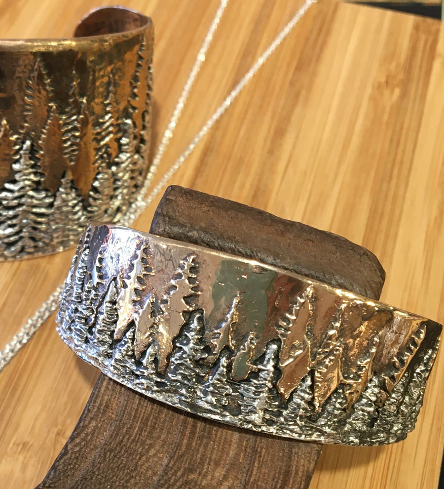 Mini Treeline Bracelet, Bronze Cuff w/Sterling Silver Trees